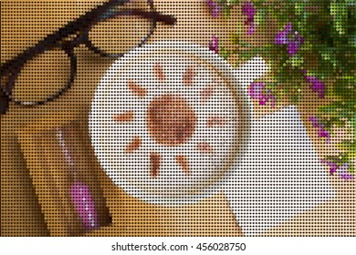 vector dot , latte art coffee in sun design with paper note and sand glass on wooden table