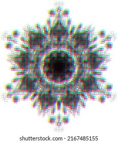 Vector dot mandala im Stil der Halbtonpunkte-Effekt, mit Gb-Shift-Glitch-Effekt.  Optischer unscharfer Effekt (wenn weit oder nahe) beim Wechsel des RGB-Spektrums.