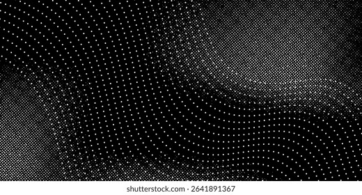 Vector dot particles light wave pattern halftone white modern gradient smooth curve shape isolated on black background. 