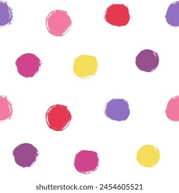 Vector dot pattern. Seamless background from colorful brush strokes. Red, blue purple, yelow and pink dotted background. Summer polka dot. Sketchy hand drawn graphic print. 