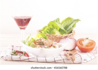 vector dot ,  tuna spicy salad with fresh vegetable , and red grape juice on white background