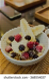 vector dot , vanilla ice-cream and berry in white plate 