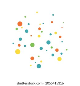 Vector dots, colorful circles. Multicolored random spots, flying confetti on a white background. Rounded geometric shapes in various sizes. Specks and freckles, circular and radial element. Flat desig