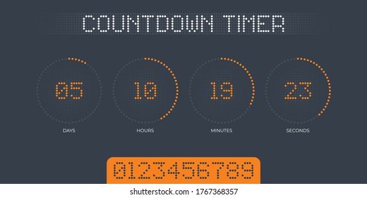 Vector dots design circle countdown timer display. Time counter with hours, hours, minutes and seconds. Gray background.