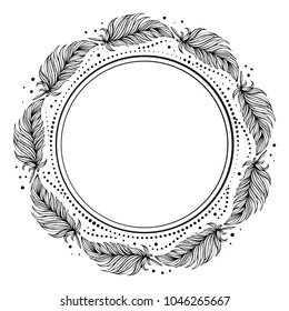 Vector dots and feathers black and white frame.