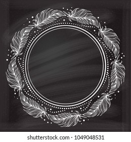 Vector dots and feathers black and white frame on a chalkboard background