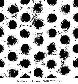 Vector dots pattern. Seamless black and white brush stroke background. Polka dot print with distress texture. Painted ornament for kids. Childish design