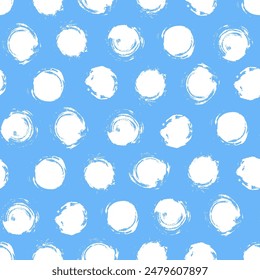 Vector dots pattern. Seamless blue and white brush stroke background. Polka dot print with distress texture. Painted ornament for kids. Childish design