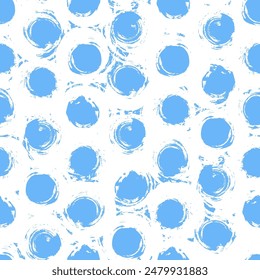 Vector dots pattern. Seamless blue and white brush stroke background. Polka dot print with distress texture. Painted ornament for kids. Childish design