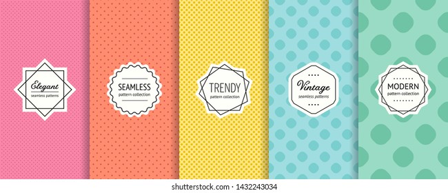 Vector dots seamless patterns collection. Set of colorful background swatches with elegant minimal labels. Abstract textures with circles, polka dot design. Pink, red, yellow, blue, green color