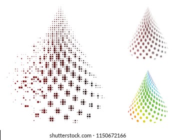 Vector dotted abstract cone icon in fractured, dotted halftone and undamaged solid variants. Disappearing effect involves rectangular dots and horizontal gradient from red to black.