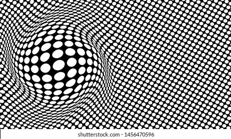 Vector dotted background with sphere 3d illusion. An emerging sphere on a dotted plan background, simple spherical distortion of a surface pattern in black and white.