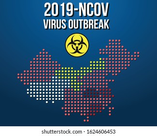 Vector dotted China map with coronavirus affected regions and virus outbreak lettering illustration