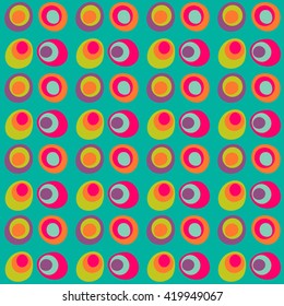 Vector dotted circle seamless pattern, multi colored. Bright child design in pink, green, blue, orange, purple for wrapping, background, websites, greeting, invitation cards, fabric, textile.