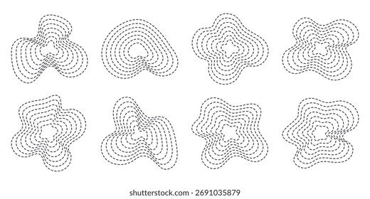 Vector dotted growth forms. Circular dot-based shapes with organic curves and grid-like rhythm. Abstract structure concept for diagrams, expansion, motion or evolution. Isolated on white background.