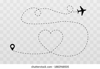 Vector dotted hearts. Honeymoon trip, honeymoon, airplane dotted tracks. Dotted lines png, heart png, travel by plane. The love route. Vector.