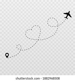 El vector salpicó corazones. Viaje de luna de miel, luna de miel, aviones salpicados de huellas. Líneas punteadas png, png cardíaco, viajar en avión. La ruta del amor. Vector.