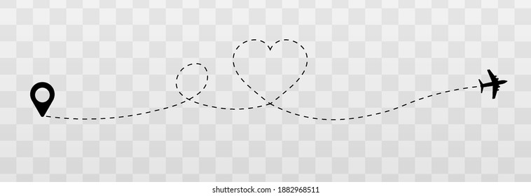 Vector dotted hearts. Honeymoon trip, honeymoon, airplane dotted tracks. Dotted lines png, heart png, travel by plane. The love route. Vector.