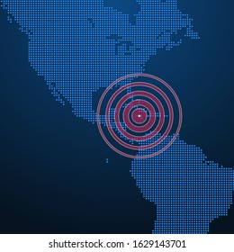 Vector dotted illustration of America with red pulse coming from Cuba