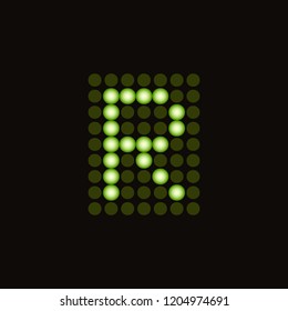 Vector dotted letter R for digital LED table. Green monospace symbol from green light circles. Digital score board template.