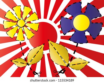 Vector Dotted Line Flowers with Leaves and Scissors on Stripes Sun Background