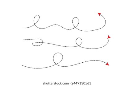 Vector dotted line long curly arrows set.