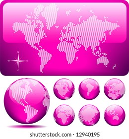 Vector dotted Map and Globe of the World - glossy PINK.