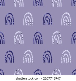 Vector dotted rainbow childish seamless pattern background. Periwinkle purple backdrop with hand drawn rainbows and dots. Geometric curved shapes weather symbol design. Fun repeat for kids, summer