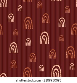 Vector dotted rainbow childish seamless pattern background. Rich earthy brown backdrop with hand drawn rainbows and dots. Geometric curved shapes weather symbol design. Fun repeat for kids, scrapbook