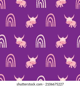 Vector dotted rainbow and kawaii cow seamless pattern background. Backdrop with hand drawn rainbows and cartoon cattle. Geometric weather symbol and farm animal design. Fun, happy repeat for kids
