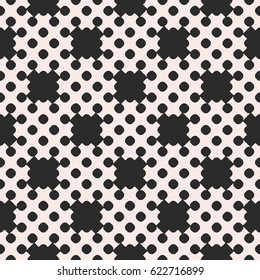 Vector dotted seamless pattern, repeat monochrome texture with simple geometric figures, circles, crosses, smooth shapes. Endless abstract background. Design element for decor, prints, furniture, web