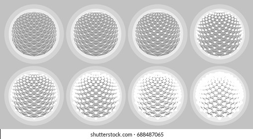 Vector dotted striped spheres set. Abstract background. Set of circles with different sizes of dots. 