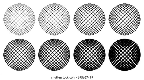 Vector dotted striped spheres set. Abstract background. Set of circles with different sizes of dots. 