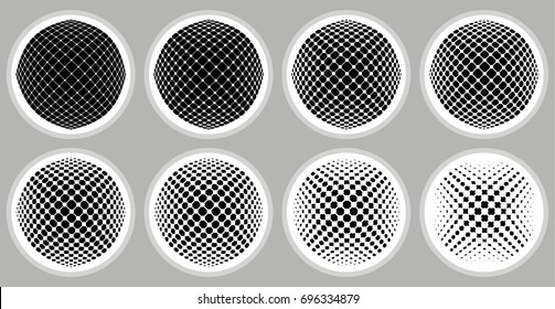 Vector dotted striped spheres set. Abstract background. Set of circles with different sizes of dots. 