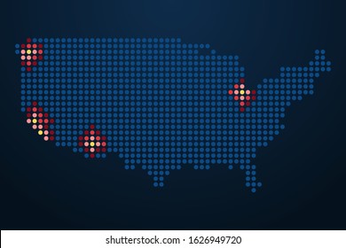 Vector dotted USA map on a blue background with red and yellow dots as heat signatures of infection illustration