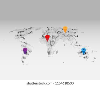 Vector dotted world map with color pointers