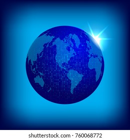 Vector dotted world map with dual code covering. Tecnology concept illustration. Earth globe with dotted continents on blue space background. 