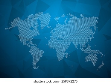 Vector dotted World Map With Geometric Triangles Background Blue