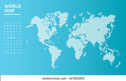 Vector dotted world map, and set of icons for navigation.Vector illustration template for website design, app, infographics, business presentations, printed material.