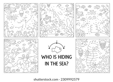 Vector dot-to-dot and color activities set with cute water animals hidden in landscape. Under the sea connect the dots games collection for kids. Ocean life coloring page with octopus, dolphin
