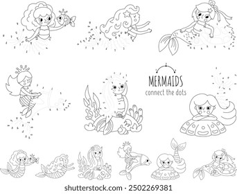 Vector dot-to-dot and color activities set with cute mermaids. Ocean kingdom connect the dots games collection with sea princess. Marine coloring page for kids. Underwater printable worksheet
