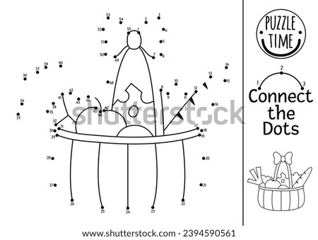 Vector dot-to-dot and color activity with basket, cheese, vegetables, baguette. France themed connect the dots game for children. French coloring page for kids. Printable healthy food worksheet 

