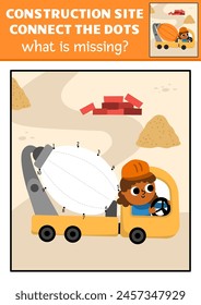 Vector dot-to-dot and color activity with concrete mixer, colored construction site scene. Building works connect dots game for children with industrial vehicle. What is missing printable worksheet