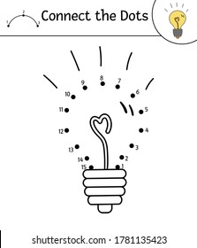 Vector dot-to-dot and color activity with cute light bulb. Back to school connect the dots game. Line drawing of clever brain or mind symbol. Funny autumn coloring page for kids. 
