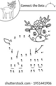 Vector dot-to-dot and color activity with cute deer. Spring holiday connect the dots game for children with funny forest animal. Woodland coloring page for kids. 

