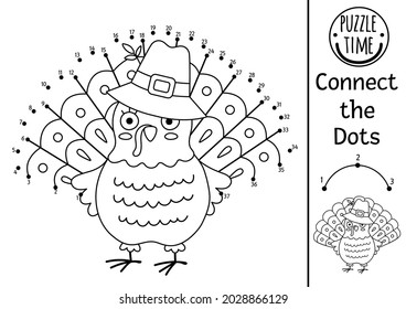 Vector dot-to-dot and color activity with cute turkey. Thanksgiving connect the dots game for children with funny bird. Woodland coloring page for kids. Autumn holiday printable worksheet