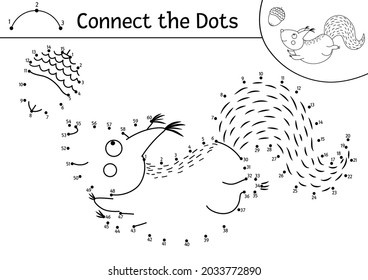 Vector dot-to-dot and color activity with cute squirrel hunting acorn. Forest connect the dots game for children with animal. Woodland coloring page for kids. Nature themed printable worksheet