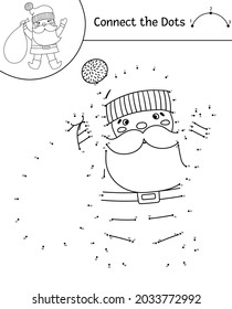 Vector dot-to-dot and color activity with cute Santa Claus. Christmas connect the dots game for children with Father Frost and sack. New Year coloring page for kids. Winter holiday printable worksheet