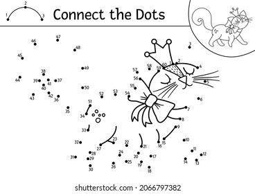 Vector dot-to-dot and color activity with cute cat in crown. Magic kingdom connect the dots game for children with fantasy kitten. Fairy tale coloring page for kids. Printable worksheet with pet