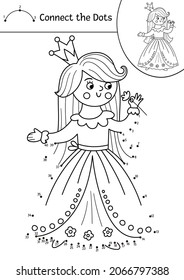 Vector Dot-to-dot And Color Activity With Cute Princess And Flower. Magic Kingdom Connect The Dots Game For Children With Girl. Fairy Tale Coloring Page For Kids. Fantasy Printable Worksheet